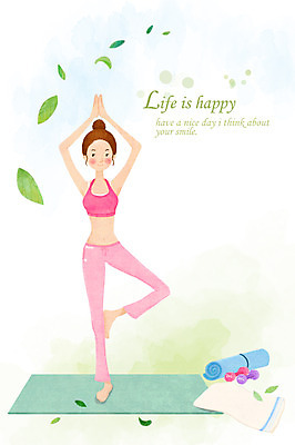 PSD 라이프스타일 여자 포즈 잎 일러스트 요가 나뭇잎 한명 사람 성인 라이프 수건 운동 아령 매트 여자만 여자한명만 성인여자만 성인만 국내일러스트 식물 1 웰빙 건강 생활 위생용품 파일형식