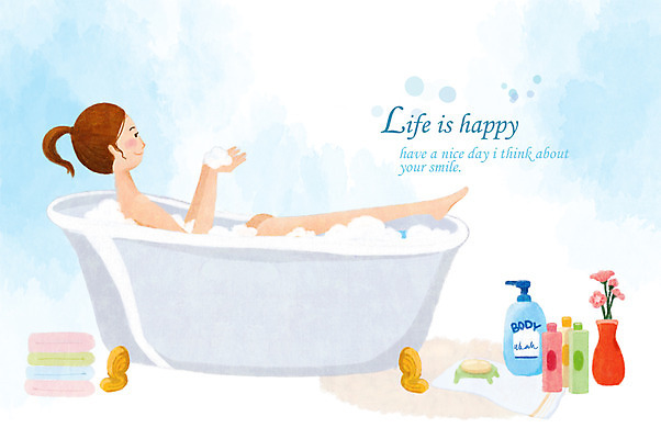 PSD 라이프스타일 여자 일러스트 욕조 한명 미소 웃음 사람 성인 라이프 수건 꽃병 목욕 거품 비누 거품목욕 바디용품 여자만 여자한명만 성인여자만 성인만 국내일러스트 1 꽃 표정 생활 위생용품 청결 미용용품 파일형식
