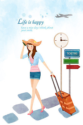 PSD 라이프스타일 여자 시계 여행 일러스트 비행기 알림판 한명 사람 성인 라이프 캐리어 여행가방 팻말 공항 여자만 여자한명만 성인여자만 성인만 국내일러스트 1 가방 항공교통 교통시설 대중교통 프레임 생활 파일형식