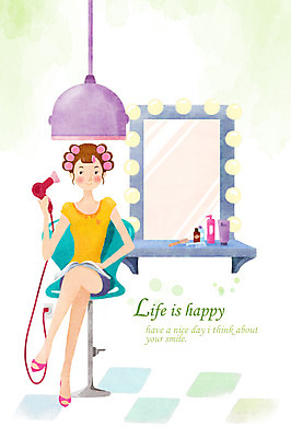 PSD 라이프스타일 헤어스타일 여자 일러스트 한명 사람 성인 라이프 거울 파마 미용실 드라이어 여자만 여자한명만 성인여자만 성인만 국내일러스트 1 생활 미용용품 뷰티샵 파일형식