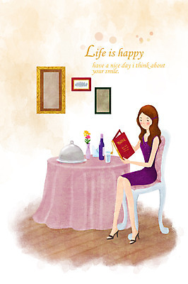 PSD 라이프스타일 여자 액자 일러스트 탁자 한명 미소 웃음 사람 성인 라이프 레스토랑 와인 식사 저녁식사 메뉴판 여자만 여자한명만 성인여자만 성인만 혼족 국내일러스트 1 가구 주류 표정 생활 식당 싱글라이프 파일형식