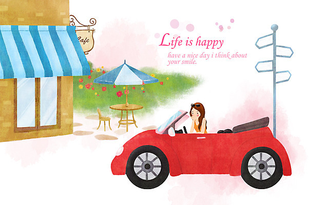 PSD 라이프스타일 여자 일러스트 자동차 탁자 알림판 한명 사람 성인 라이프 카페 팻말 파라솔 오픈카 여자만 여자한명만 성인여자만 성인만 국내일러스트 1 육상교통 가구 승용차 프레임 생활 상점 파일형식