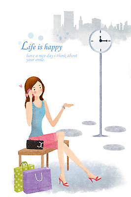 PSD 라이프스타일 여자 시계 벤치 일러스트 거리 한명 사람 앉기 성인 라이프 스마트폰 쇼핑백 통화 여자만 여자한명만 성인여자만 성인만 국내일러스트 1 의자 가방 모션 생활 핸드폰 스마트기기 파일형식