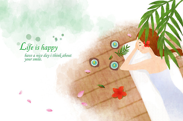 PSD 라이프스타일 여자 꽃잎 엎드리기 일러스트 나뭇잎 한명 웃음 사람 성인 라이프 마사지 아로마 향초 여자만 여자한명만 성인여자만 성인만 국내일러스트 1 꽃 잎 초 모션 표정 생활 파일형식