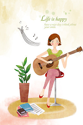 PSD 라이프스타일 여자 화분 악기 연주 의자 음표 일러스트 한명 사람 앉기 성인 라이프 책 기타 악보 여자만 여자한명만 성인여자만 성인만 국내일러스트 1 기호 음악 가구 모션 현악기 생활 파일형식