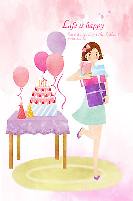 PSD 라이프스타일 여자 일러스트 탁자 선물 한명 웃음 사람 성인 라이프 선물상자 파티 케이크 생일파티 풍선 생일상 여자만 여자한명만 성인여자만 성인만 국내일러스트 1 가구 디저트 표정 이벤트 생활 상자 생일 파일형식
