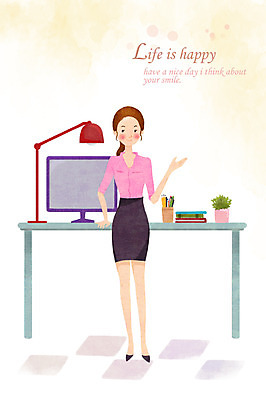 PSD 라이프스타일 여자 일러스트 한명 미소 웃음 사람 성인 라이프 책 컴퓨터 스탠드 비즈니스우먼 책상 여자만 여자한명만 성인여자만 성인만 국내일러스트 1 가구 비즈니스 조명 표정 생활 전자제품 직장인 파일형식