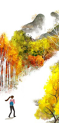 PSD 나무 계절 여자 백그라운드 단풍 일러스트 배낭 단풍나무 산 한명 사람 풍경 성인 등산 가을 은행나무 여자만 여자한명만 성인여자만 성인만 가을배경 국내일러스트 식물 1 잎 가방 트래킹 파일형식 가을_계절