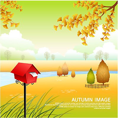EPS 나무 구름 사계절 계절 백그라운드 단풍 일러스트 하늘 풍경 사람없음 우체통 가을 나뭇가지 개울 편지 은행나무 가을배경 국내일러스트 자연요소 식물 잎 강 파일형식 벡터 가을_계절
