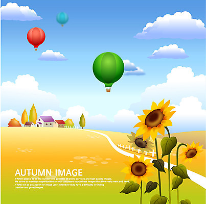 EPS 구름 사계절 계절 꽃 길 백그라운드 일러스트 하늘 해바라기 주택 풍경 초원 사람없음 가을 열기구 가을배경 국내일러스트 자연요소 식물 항공교통 건물 파일형식 벡터 가을_계절