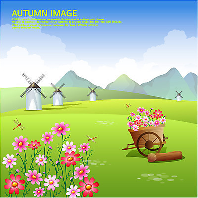 EPS 구름 사계절 계절 꽃 백그라운드 일러스트 하늘 산 풍경 초원 사람없음 풍차 가을 코스모스 나무토막 가을배경 국내일러스트 자연요소 식물 파일형식 벡터 가을_계절