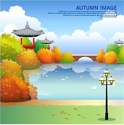 EPS 사계절 계절 공원 호수 백그라운드 단풍 낙엽 가로등 일러스트 조류 오리 풍경 사람없음 가을 숲 정자 백조 가교 가을배경 국내일러스트 동물 건축물 공공시설 잎 파일형식 벡터 가을_계절