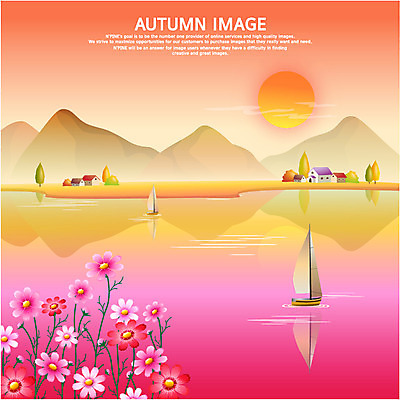 EPS 사계절 계절 꽃 호수 백그라운드 요트 일러스트 산 주택 풍경 사람없음 강 태양 마을 노을 가을 보트 코스모스 선박 가을배경 국내일러스트 자연요소 식물 수상교통 배_교통 건물 파일형식 벡터 가을_계절