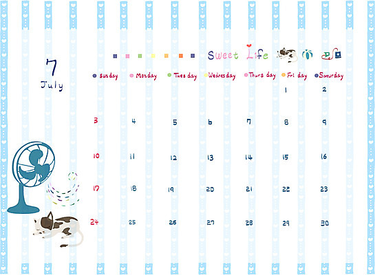 EPS 동물 한마리 백그라운드 일러스트 공 프레임 틀 사람없음 여름 반려동물 고양이 달력 선풍기 실전화기 7월 국내일러스트 1 계절 포유류 가전제품 날짜 파일형식 벡터