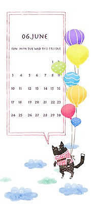 PSD 동물 구름 한마리 컬러 백그라운드 일러스트 프레임 틀 사람없음 고양이 다양 달력 6월 풍선 국내일러스트 자연요소 1 다수 포유류 반려동물 날짜 파일형식