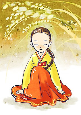 PSD 전통 여자 명절 행복 곤충 일러스트 한명 미소 웃음 사람 농작물 추석 벼 절 전통의상 한복 메뚜기 큰절 여자만 여자한명만 국내일러스트 동물 1 한국전통 기념일 감정 농업 곡류 표정 인사 절_인사 파일형식