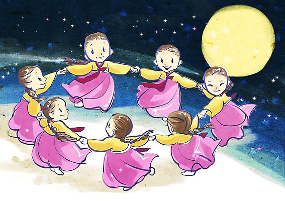 PSD 전통 여자 명절 행복 일러스트 밤하늘 미소 웃음 사람 여러명 추석 전통놀이 보름달 달 전통의상 한복 강강술래 여자만 국내일러스트 자연요소 한국전통 기념일 감정 다수 놀이 하늘 표정 야간 파일형식