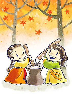 PSD 전통 여자 명절 행복 단풍 일러스트 단풍나무 떡 미소 웃음 사람 두명 친구 추석 전통의상 한복 절구 방아 떡방아 여자만 국내일러스트 나무 한국전통 기념일 감정 잎 관계 표정 도구 파일형식