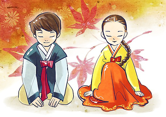 PSD 전통 부부 커플 여자 명절 남자 행복 단풍 일러스트 미소 웃음 사람 두명 추석 인사 절 전통의상 한복 큰절 국내일러스트 한국전통 기념일 감정 잎 관계 표정 예절 절_인사 파일형식