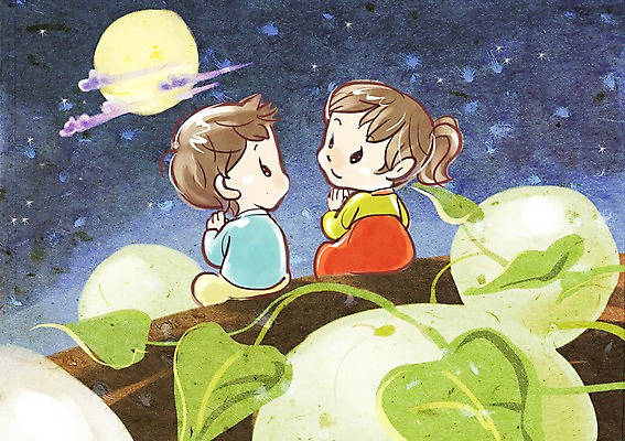 PSD 전통 여자 명절 열매 남자 행복 일러스트 밤하늘 지붕 초가집 웃음 사람 소년 두명 추석 보름달 달 전통의상 한복 박 소원 달맞이 국내일러스트 자연요소 식물 한국전통 기념일 감정 어린이 하늘 한옥 표정 야간 파일형식