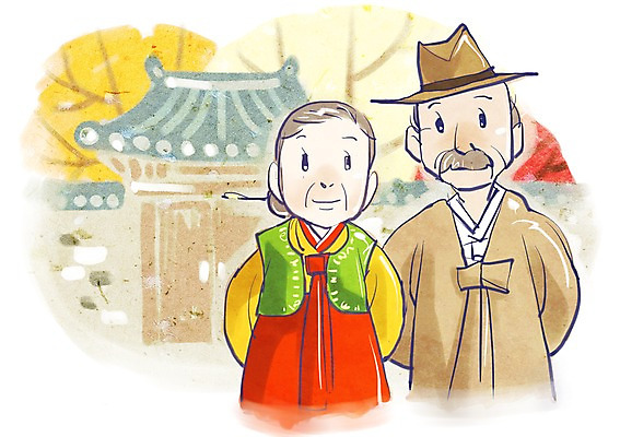 PSD 전통 부부 커플 여자 명절 할아버지 노년 남자 행복 할머니 일러스트 단풍나무 한옥 미소 웃음 사람 성인 두명 추석 노부부 전통의상 한복 중절모 대문 노인만 성인만 국내일러스트 나무 모자_잡화 한국전통 기념일 감정 단풍 고건축 관계 표정 문 파일형식