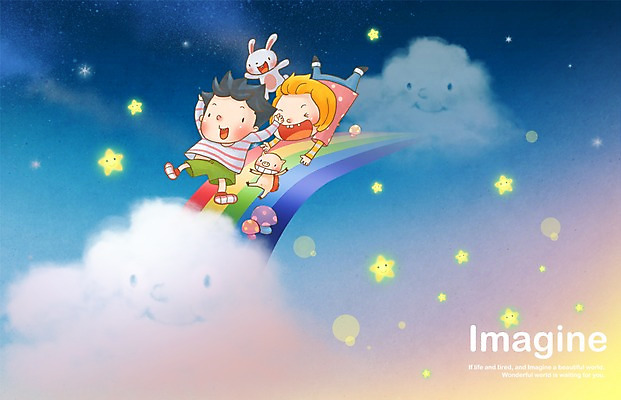 PSD 동물 구름 여자 남자 별 여유 어린이 무지개 일러스트 상상 밤하늘 하늘 미소 웃음 사람 소녀 소년 두명 판타지 토끼 돼지 미끄럼틀 소통 어린이만 국내일러스트 자연요소 감정 컨셉 포유류 표정 반려동물 놀이기구 야간 파일형식