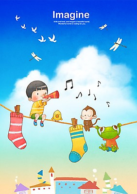 PSD 동물 구름 남자 여유 어린이 음표 일러스트 상상 양말 주택 병아리 개구리 한명 웃음 사람 소년 판타지 원숭이 잠자리 빨랫줄 소통 남자만 남자한명만 어린이만 소년만 소년한명만 국내일러스트 자연요소 1 기호 감정 줄 음악 곤충 컨셉 포유류 조류 표정 양서류 건물 파일형식