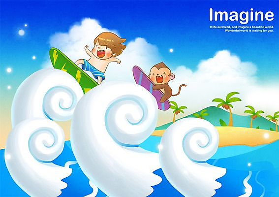 PSD 동물 구름 남자 여유 어린이 파도 바다 일러스트 상상 산 한명 웃음 사람 소년 판타지 야자수 원숭이 서핑보드 서핑 소통 남자만 남자한명만 어린이만 소년만 소년한명만 국내일러스트 자연요소 나무 1 감정 컨셉 포유류 표정 수상스포츠 보드_스포츠 파일형식