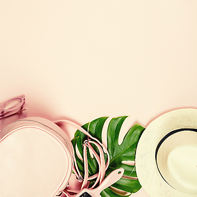 포토 JPG 해외이미지 실내 사람없음 유행 핸드백 열대잎 파스텔톤 분홍색배경 해외202004 해외포토 분홍색 컬러 백그라운드 잎 가방 내부 파일형식