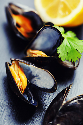 포토 JPG 해외이미지 검은배경 근접촬영 사람없음 아웃포커스 레몬 홍합 해외202004 해외포토 뷰포인트 백그라운드 과일 어패류 촬영기법 검은색 파일형식