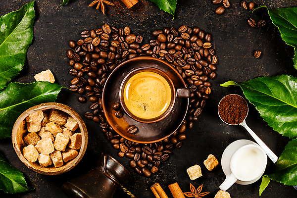 포토 JPG 해외이미지 잎 검은배경 실내 사람없음 하이앵글 숟가락 원두 하트 커피잔 에스프레소 시럽컵 해외202004 해외포토 모양 식물 커피 뷰포인트 백그라운드 잔 수저 내부 검은색 파일형식