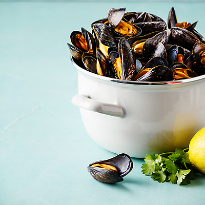 포토 JPG 해외이미지 사람없음 냄비 레몬 담기 파란배경 홍합 해외202004 해외포토 백그라운드 과일 모션 어패류 파란색 솥 파일형식