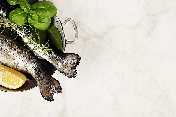 포토 JPG 해외이미지 식재료 실내 어류 사람없음 하이앵글 냄비 레몬 해산물 흰배경 바질 로즈메리 무지개송어 카피스페이스 해외202004 해외포토 뷰포인트 백그라운드 과일 내부 수중동물 공백 흰색 솥 허브 송어 파일형식