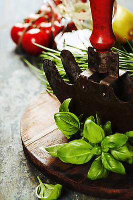 포토 JPG 해외이미지 방울토마토 회색배경 실내 사람없음 레몬 바질 로즈메리 나무도마 커팅나이프 해외202004 해외포토 백그라운드 토마토 과일 도마 내부 목재 회색 나이프 허브 파일형식