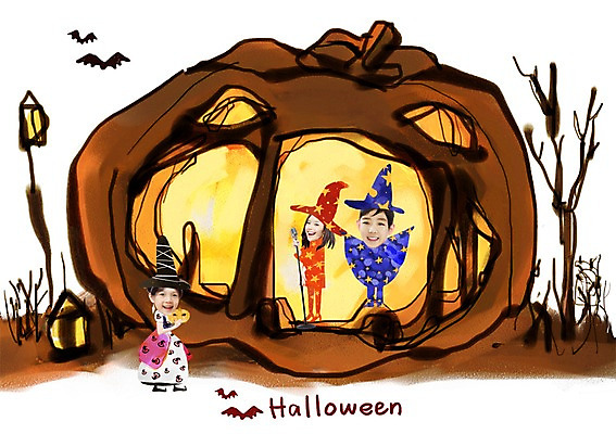 PSD 편집 편집이미지 여자 남자 어린이 포토일러 호박 합성일러스트 미소 웃음 사람 소녀 소년 세명 할로윈 알림 편집일러스트 인물미니어처 광고편집 SD캐릭터 어린이만 이미지편집 캐릭터 채소 표정 미니어처 파일형식