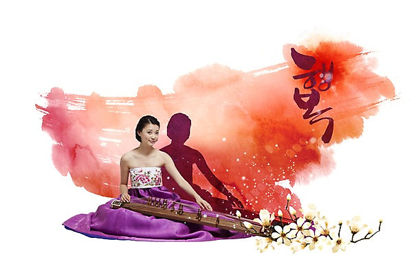 PSD 편집이미지 전통 손글씨 여자 꽃 행복 문화 예술 악기 연주 붓터치 문화예술 국악기 국악 그림자 한명 사람 공연 전통의상 한복 가야금 목련 여자만 여자한명만 이미지편집 식물 1 한국전통 감정 음악 현악기 이벤트 파일형식