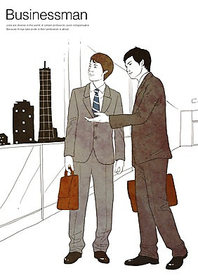 PSD 직업 남자 서류가방 일러스트 회사 비즈니스 사람 정장 빌딩 성인 두명 비즈니스맨 남자만 성인남자만 성인만 국내일러스트 옷 가방 건물 직장인 파일형식