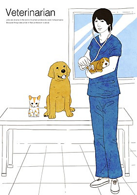 PSD 동물 직업 여자 새끼 일러스트 청진기 탁자 한명 사람 성인 반려동물 고양이 진료 개 강아지 수의사 여자만 여자한명만 성인여자만 성인만 국내일러스트 1 가구 포유류 의학 의료기기 의사 파일형식