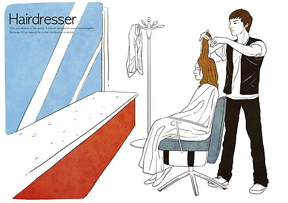 PSD 직업 여자 남자 의자 일러스트 가위 사람 성인 두명 거울 미용실 옷걸이 서비스업 미용사 고객 서비스 스타일링 성인만 국내일러스트 산업 가구 문구용품 뷰티샵 파일형식