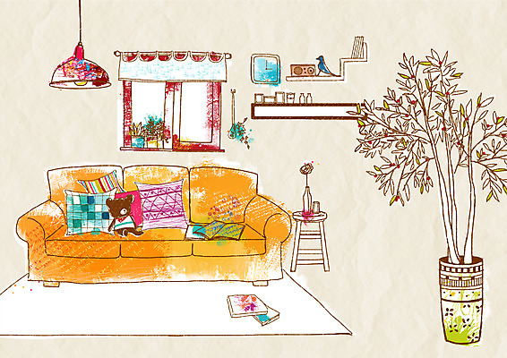 PSD 화분 가구 백그라운드 쿠션 거실 일러스트 창문 전등 조명 선반 실내 사람없음 장식 인테리어 소파 카펫 곰인형 매트 오브젝트 국내일러스트 디자인 인형 생활용품 의자 내부 파일형식