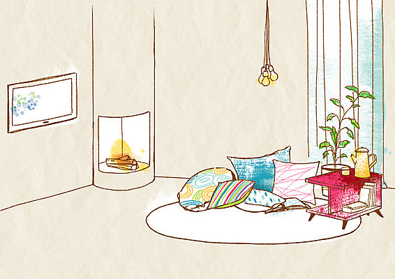 PSD 가구 백그라운드 쿠션 거실 일러스트 탁자 전등 조명 실내 사람없음 장식 인테리어 텔레비전 응접실 오브젝트 벽난로 국내일러스트 디자인 생활용품 내부 전자제품 파일형식