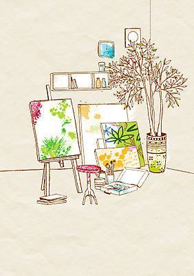 PSD 화분 가구 백그라운드 의자 일러스트 선반 실내 사람없음 장식 인테리어 미술도구 붓 작업실 오브젝트 이젤 화실 캔버스 국내일러스트 디자인 생활용품 내부 미술실 파일형식