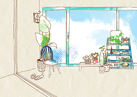 PSD 화분 가구 백그라운드 의자 일러스트 창문 조명 선반 슬리퍼 실내 사람없음 장식 인테리어 발코니 오브젝트 국내일러스트 디자인 생활용품 신발 내부 파일형식