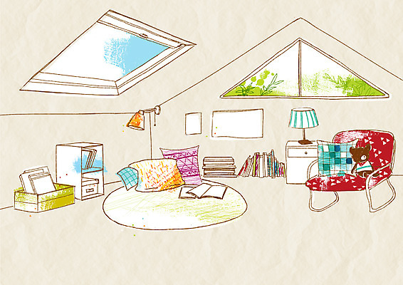 PSD 가구 백그라운드 쿠션 의자 일러스트 창문 지붕 실내 사람없음 장식 책 인테리어 오브젝트 천장 다락방 국내일러스트 디자인 생활용품 내부 파일형식