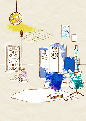 PSD 악기 음악 가구 백그라운드 일러스트 실내 사람없음 장식 책 인테리어 헤드셋 스피커 카펫 매트 기타 작업실 마이크 오브젝트 미러볼 국내일러스트 디자인 음향기기 생활용품 현악기 문화예술 내부 헤드폰 파일형식