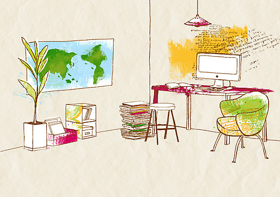 PSD 화분 가구 백그라운드 세계지도 의자 일러스트 실내 사람없음 장식 책 인테리어 컴퓨터 책상 오브젝트 공부방 국내일러스트 디자인 생활용품 지도 내부 전자제품 세계 파일형식