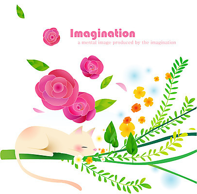 EPS 한마리 꽃잎 꽃 줄기 잎 일러스트 상상 나뭇잎 사람없음 반려동물 판타지 고양이 국내일러스트 식물 동물 1 포유류 파일형식 벡터