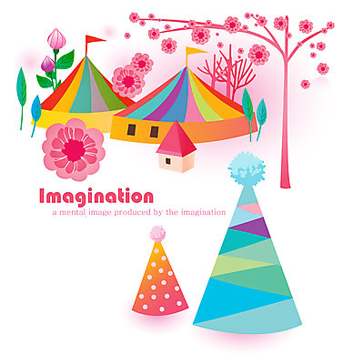 EPS 나무 일러스트 상상 꽃나무 사람없음 판타지 고깔모자 깃발 서커스 공연장 천막 국내일러스트 식물 모자_잡화 꽃 극장 파일형식 벡터