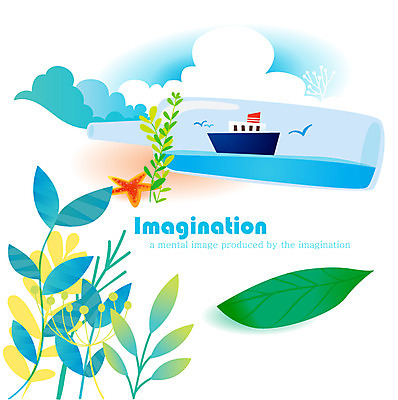 EPS 구름 바다 줄기 잎 일러스트 상상 하늘 유리병 나뭇잎 불가사리 사람없음 판타지 선박 국내일러스트 자연요소 식물 수상교통 병_용기 극피동물 파일형식 벡터