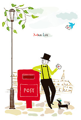 EPS 동물 캐릭터 모자 한마리 라이프스타일 남자 맨라이프 가로등 일러스트 편지봉투 거리 한명 사람 성인 취미 라이프 반려동물 우체통 도시 개 강아지 러브레터 편지 남성라이프 남자만 남자한명만 성인남자만 성인만 국내일러스트 일러캐릭터 1 잡화 공공시설 포유류 봉투 생활 파일형식 벡터